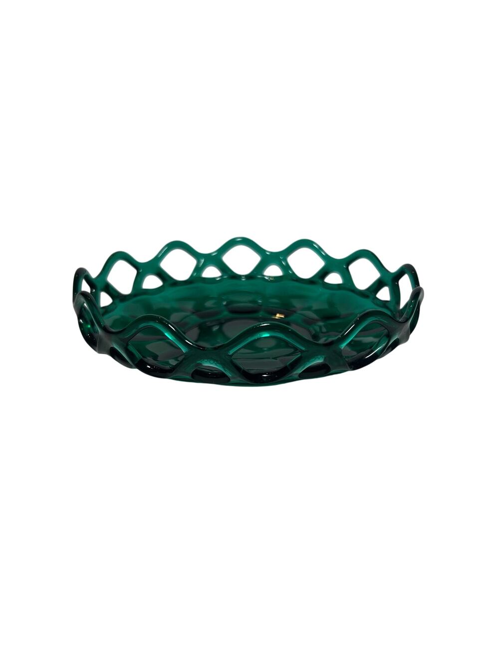 Vintage 70s Emerald Green Imperial Glass Candy Dish Open Cane Crochet Lace Edge